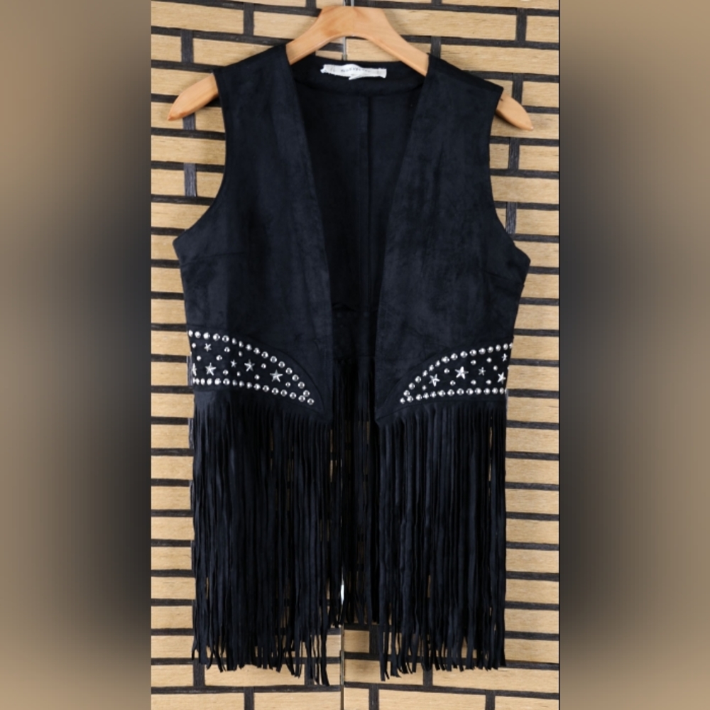 Faux Suede Silver Studded Fringe Vest - Black